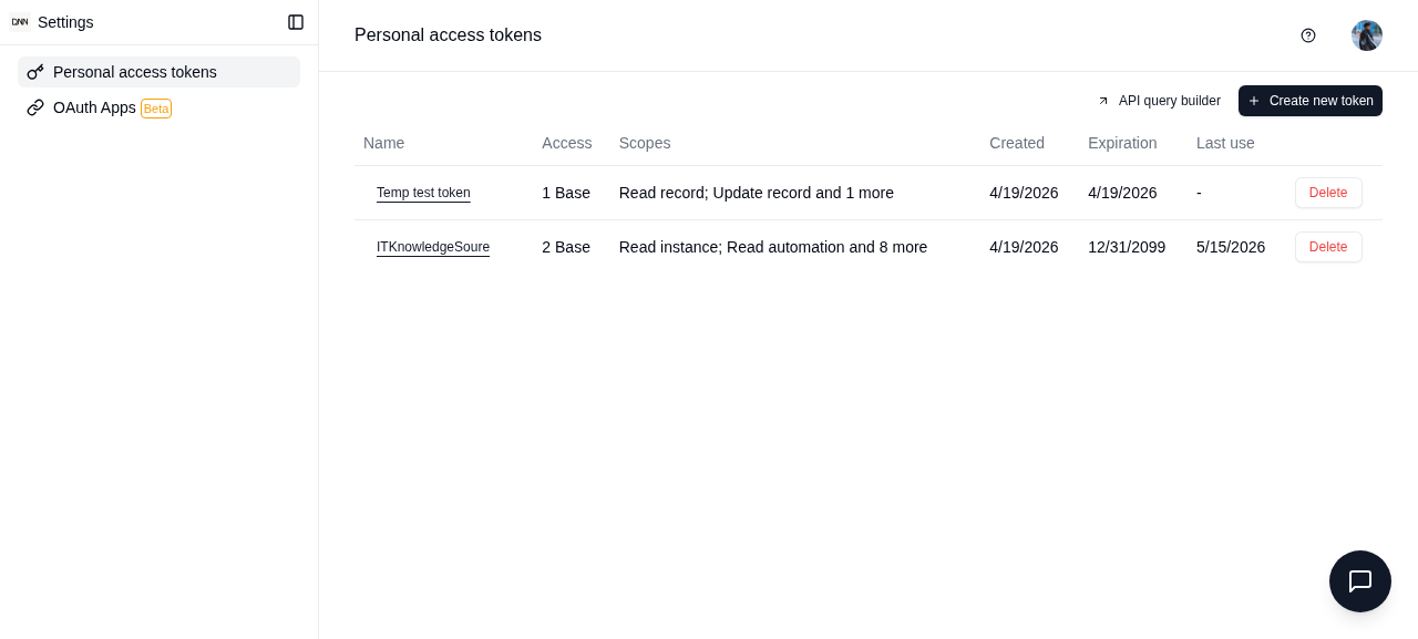 Personal Access Token page